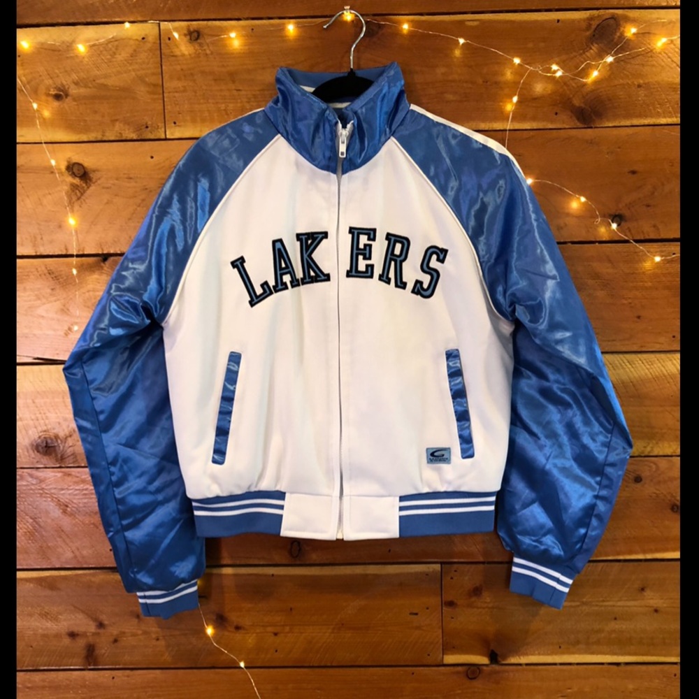 Women’s Large Light Blue and White Lakers Satin Bomber Jacket